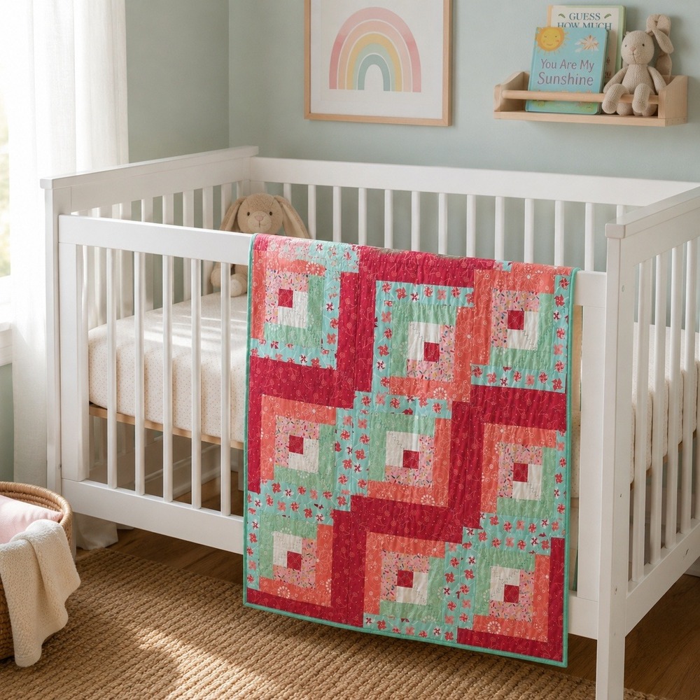 Handmade Log‎ Cabin Baby Quilt Red Mint Green Reversible Alphabet Block Pattern